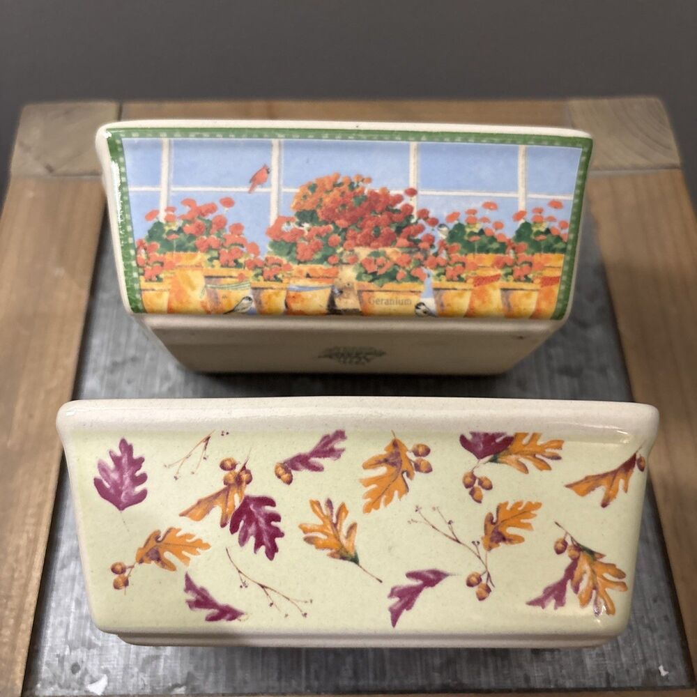 Nantucket 2 Mini Stoneware Loaf Pans Baking Dishes Harvest Garden Fall Birds